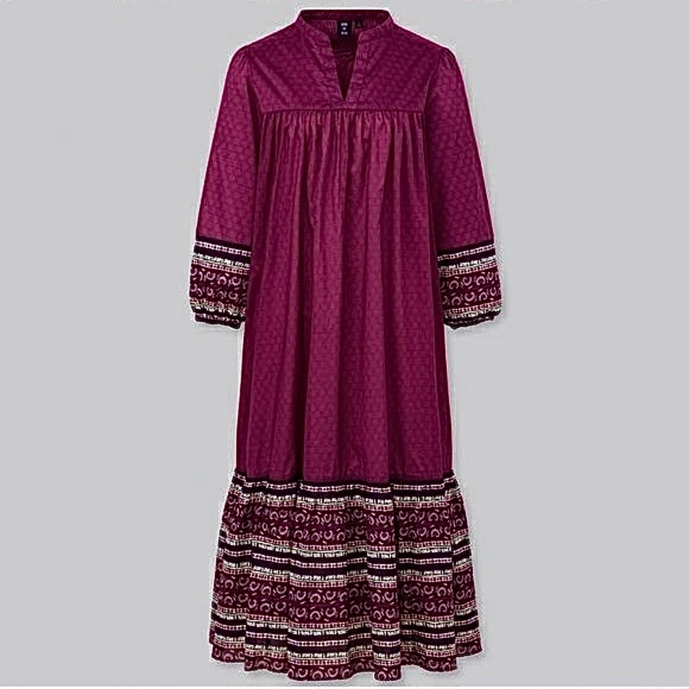 Anna Sui Uniqlo Boho Midi Peasant Balloon Sleeve Dress XS raspberry pink red